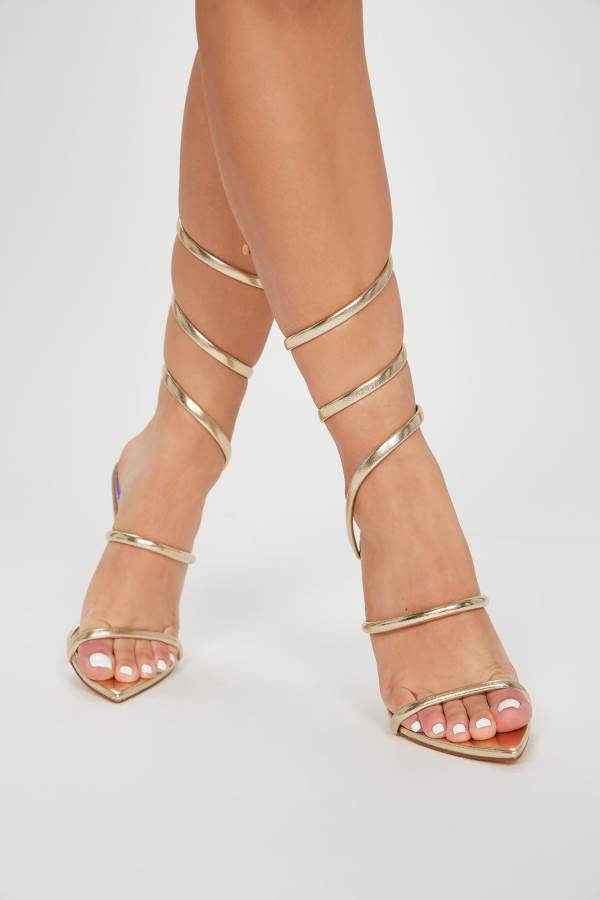 Gold Fashion Nova Formally Invited Strappy Heeled Women Sandals USA | 725608HTA