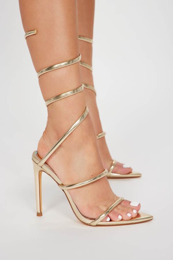 Gold Fashion Nova Formally Invited Strappy Heeled Women Sandals USA | 725608HTA