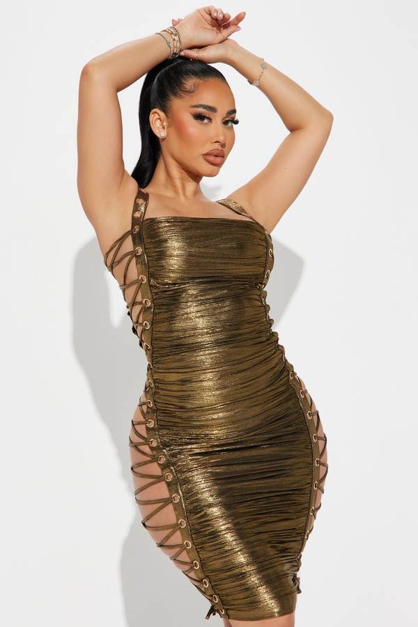 Gold Fashion Nova It's My Party Metallic Midi Women Dress USA | 019645JUO