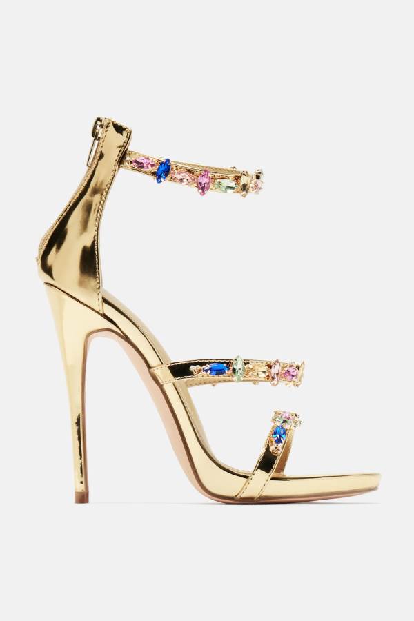 Gold Fashion Nova Make It Worth It Embellished Heeled Women Sandals USA | 693014AMI