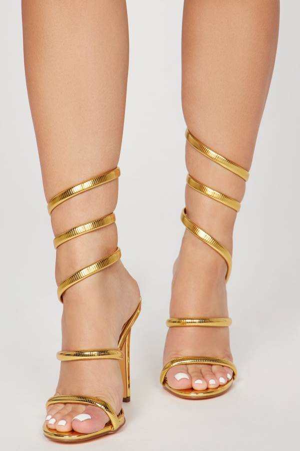 Gold Fashion Nova Nikia Heeled Women Sandals USA | 679813QNL