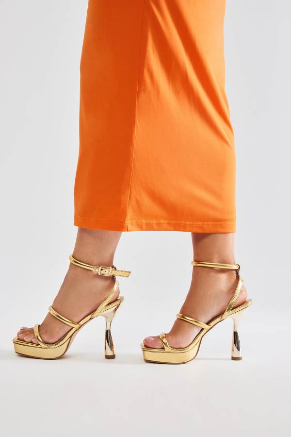 Gold Fashion Nova No Vacancy Metallic Heeled Women Sandals USA | 064187TWE