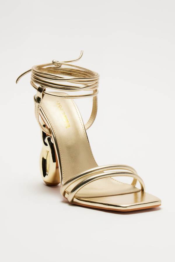 Gold Fashion Nova Super Babe Metallic Wrap Up Heeled Women Sandals USA | 064273HCS