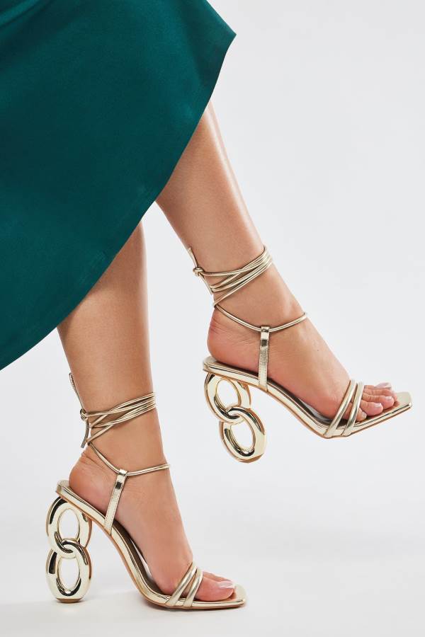 Gold Fashion Nova Super Babe Metallic Wrap Up Heeled Women Sandals USA | 064273HCS