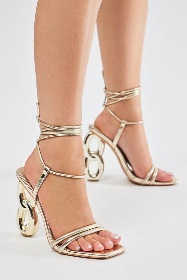 Gold Fashion Nova Super Babe Metallic Wrap Up Heeled Women Sandals USA | 064273HCS