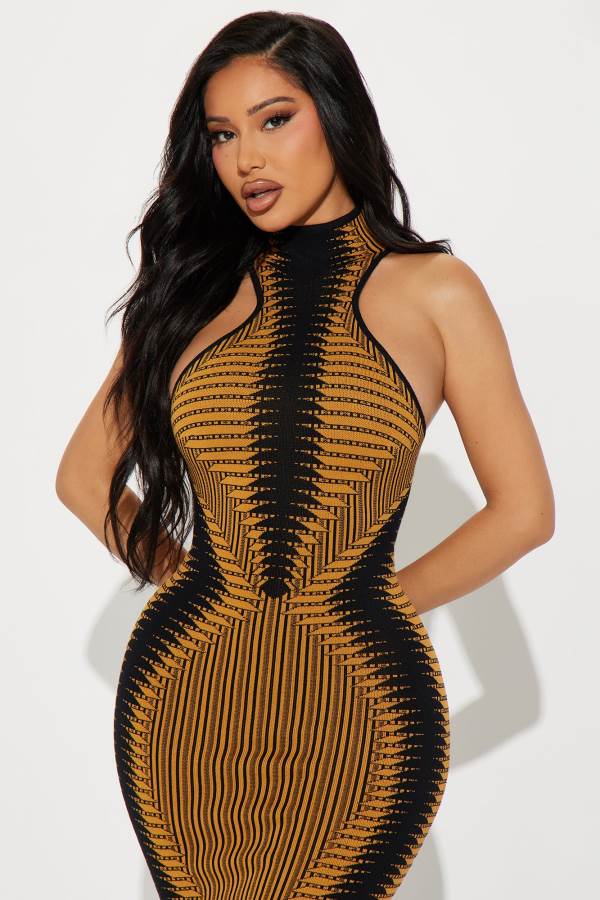 Gold / Black Fashion Nova Shine Your Light Sweater Midi Women Dress USA | 613498HEW