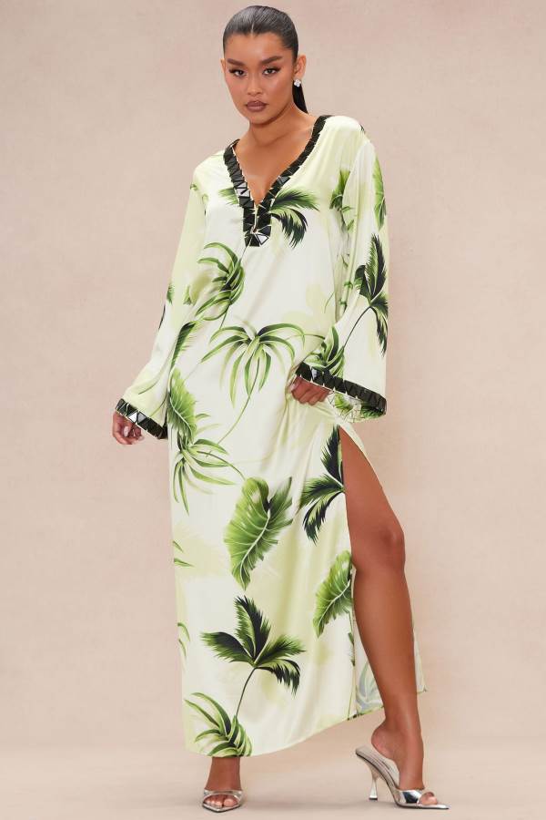 Green Fashion Nova Henley Tropical Satin Maxi Women Dress USA | 205193CNA