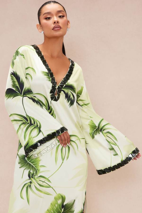 Green Fashion Nova Henley Tropical Satin Maxi Women Dress USA | 205193CNA