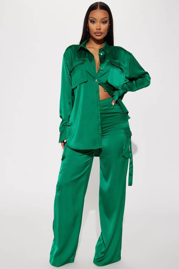 Green Fashion Nova Leah Satin Cargo Pant Set Women Pants USA | 712683MRC