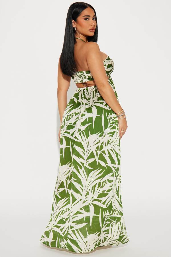 Green Fashion Nova Tropical Satin Maxi Women Dress USA | 649320SMA