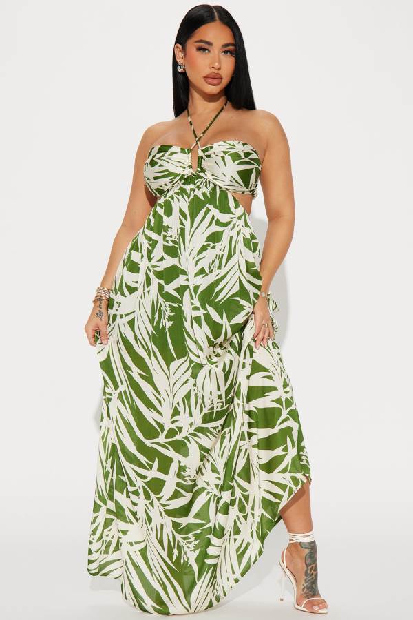 Green Fashion Nova Tropical Satin Maxi Women Dress USA | 649320SMA