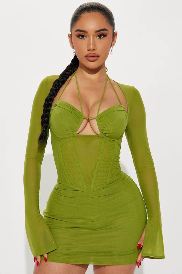 Green Yellow Fashion Nova Melanie Mesh Corset Mini Women Dress USA | 375968OUQ