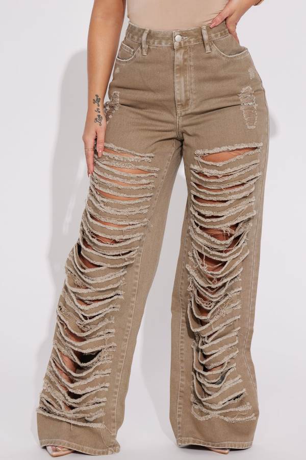 Grey Brown Fashion Nova Big Dreams Non Stretch Ripped Wide Leg Baggy Women Jeans USA | 914285FXE