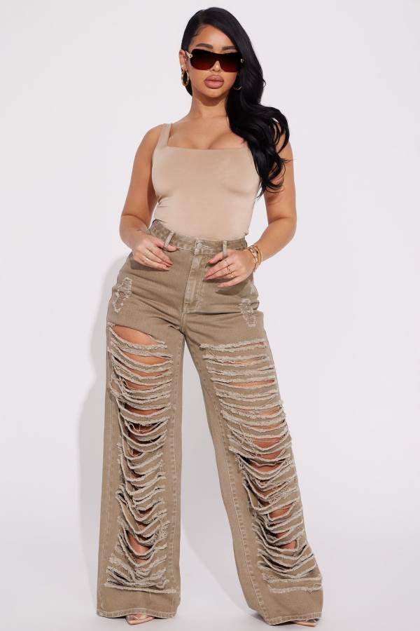 Grey Brown Fashion Nova Big Dreams Non Stretch Ripped Wide Leg Baggy Women Jeans USA | 914285FXE