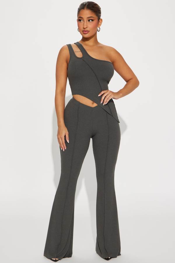 Grey Fashion Nova Always Ready Ribbed Pant Set Women Pants USA | 597348XOV