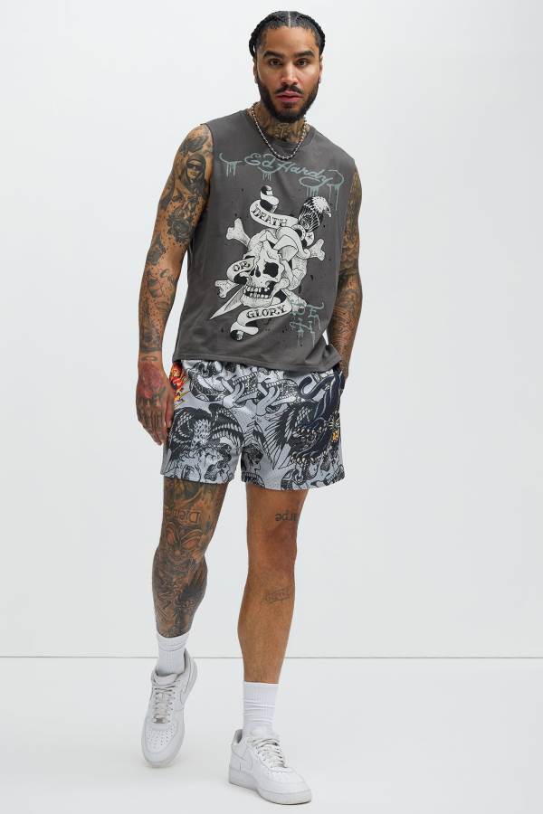 Grey Fashion Nova Ed Hardy Dagger Skull Muscle Men T-Shirt USA | 518069FOL