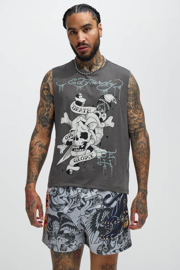 Grey Fashion Nova Ed Hardy Dagger Skull Muscle Men T-Shirt USA | 518069FOL