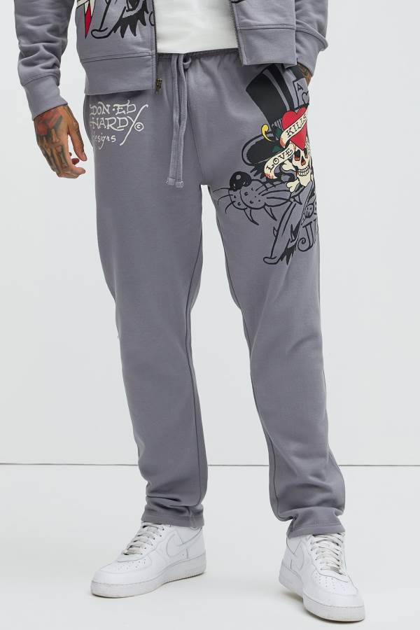 Grey Fashion Nova Ed Hardy Love Kills Skull Men Sweatpants USA | 926470BIE