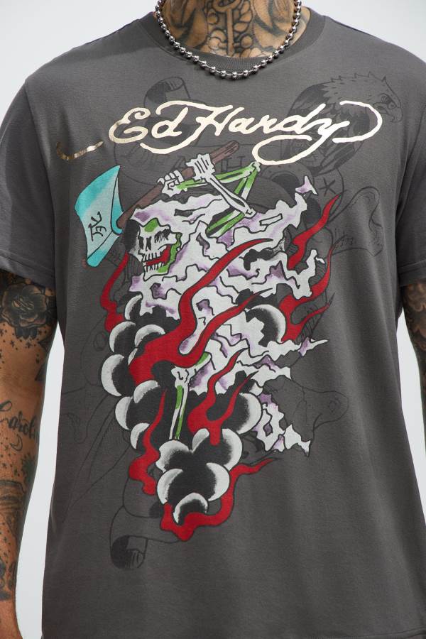 Grey Fashion Nova Ed Hardy Reaper Short Sleeve Men T-Shirt USA | 549807FCO