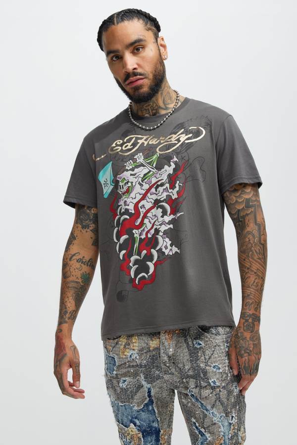 Grey Fashion Nova Ed Hardy Reaper Short Sleeve Men T-Shirt USA | 549807FCO