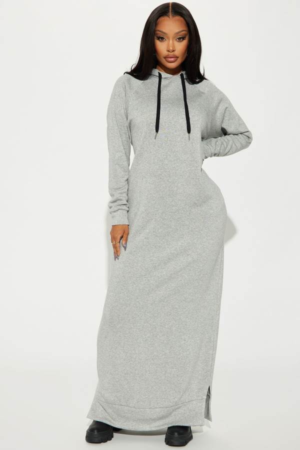 Grey Fashion Nova Heather Hooded Maxi Women Dress USA | 492761AMP