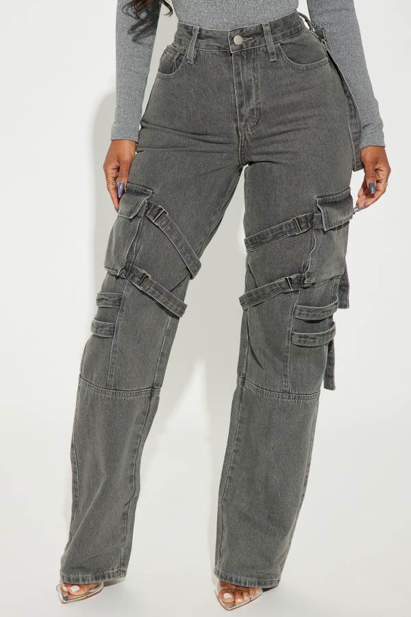 Grey Fashion Nova Leave A Message Cargo Straight Leg Women Jeans USA | 879653TKF