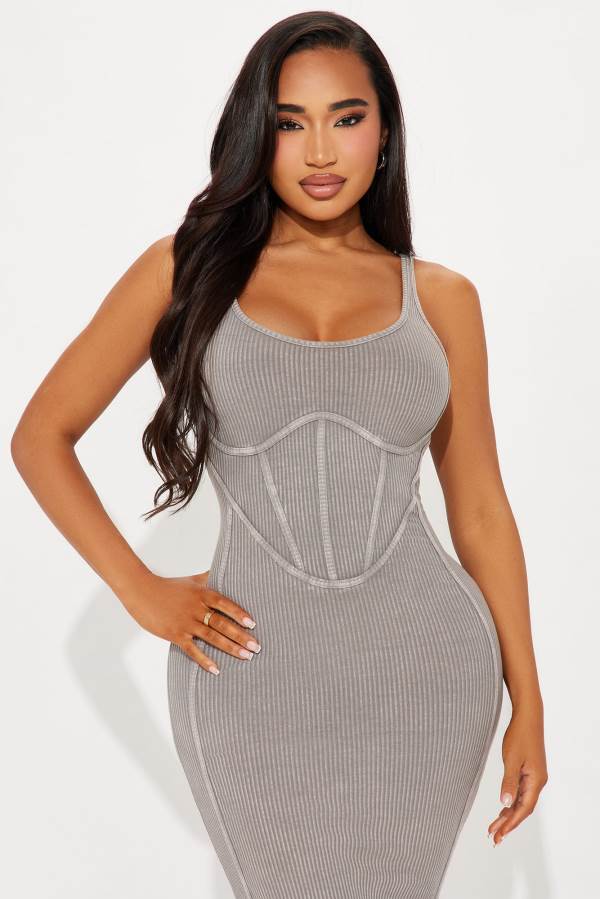 Grey Fashion Nova Raylee Ribbed Midi Women Dress USA | 560987WCK