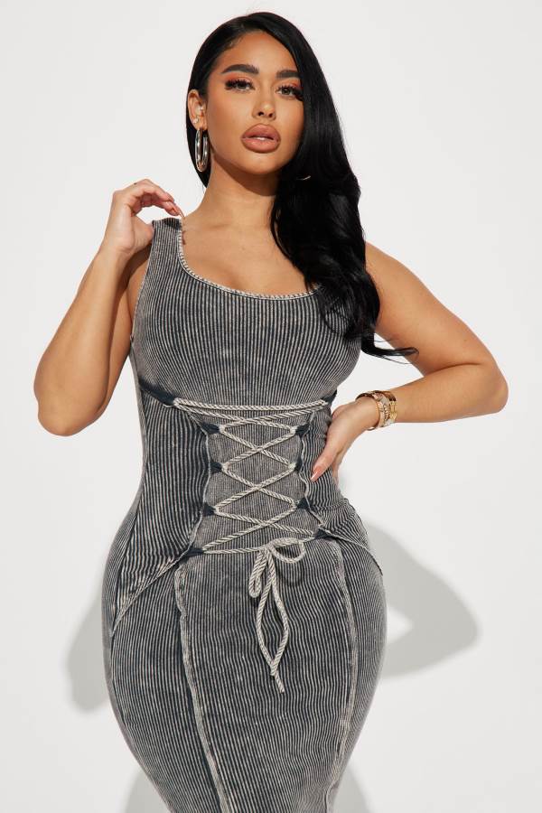 Grey Fashion Nova Serendipity Mineral Wash Midi Women Dress USA | 162475PEW