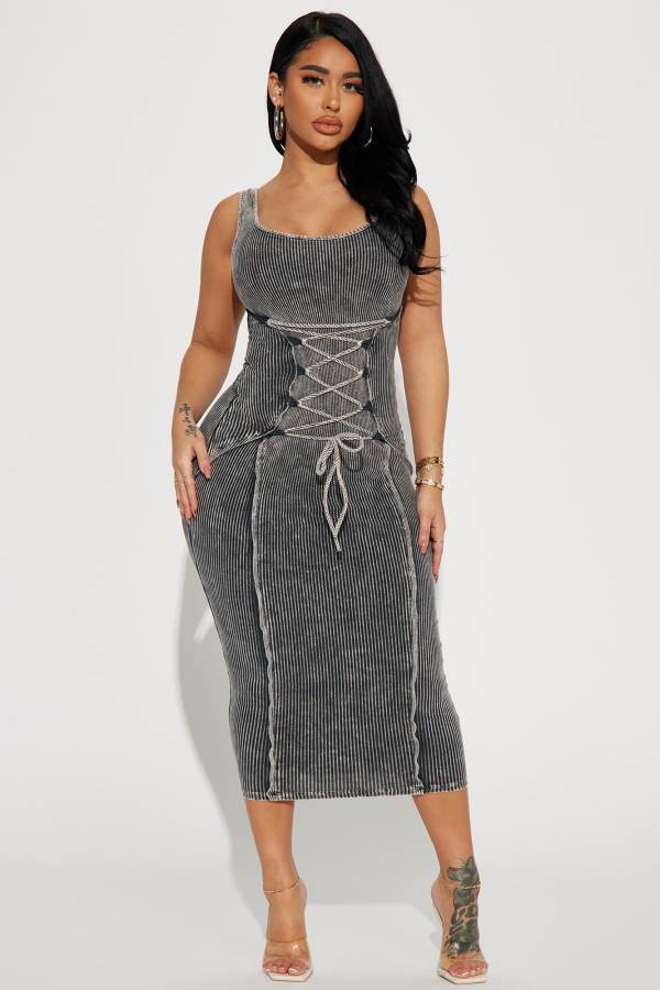 Grey Fashion Nova Serendipity Mineral Wash Midi Women Dress USA | 162475PEW