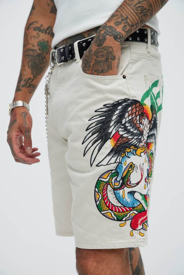 Khaki Fashion Nova Ed Hardy Battle Skull Skater Denim Men Shorts USA | 521387GQV