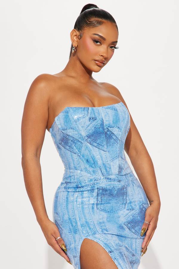 Light Blue Fashion Nova A Denim Affair Sequin Maxi Women Dress USA | 370258MRB