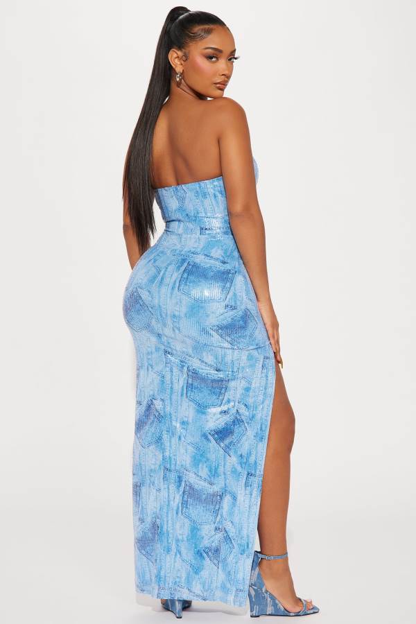 Light Blue Fashion Nova A Denim Affair Sequin Maxi Women Dress USA | 370258MRB