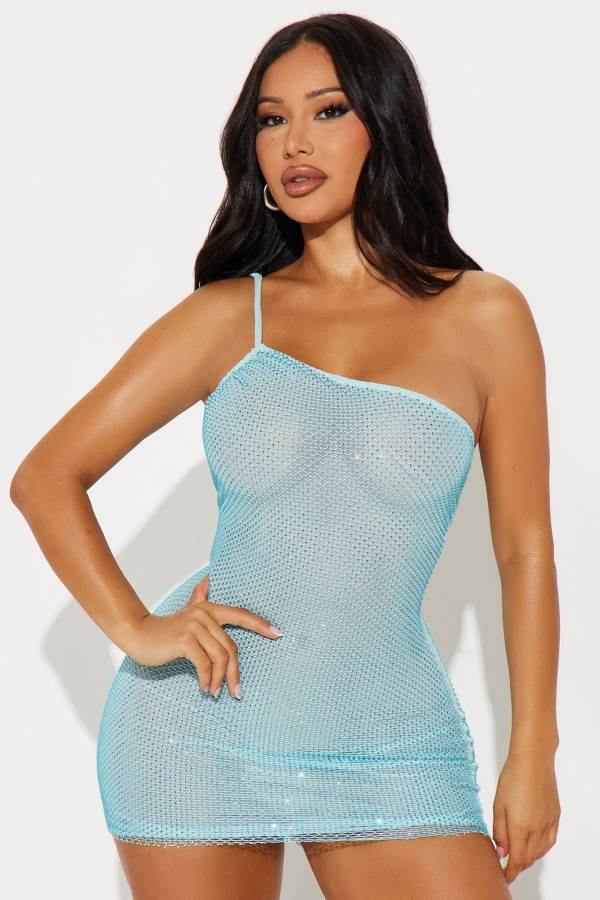 Light Blue Fashion Nova Party Rhinestone Mini Women Dress USA | 890126ZKA