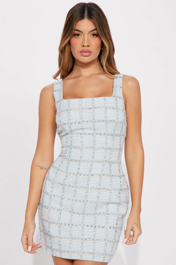 Light Blue Fashion Nova Peyton Tweed Mini Women Dress USA | 852439LFB