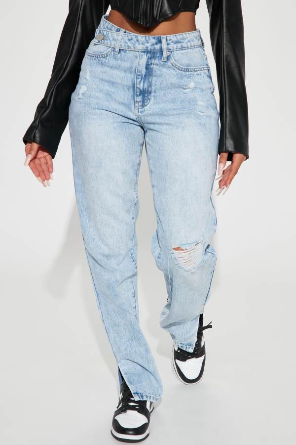 Light Blue Wash Fashion Nova Crossed Out Straight Leg Women Jeans USA | 421570LCR