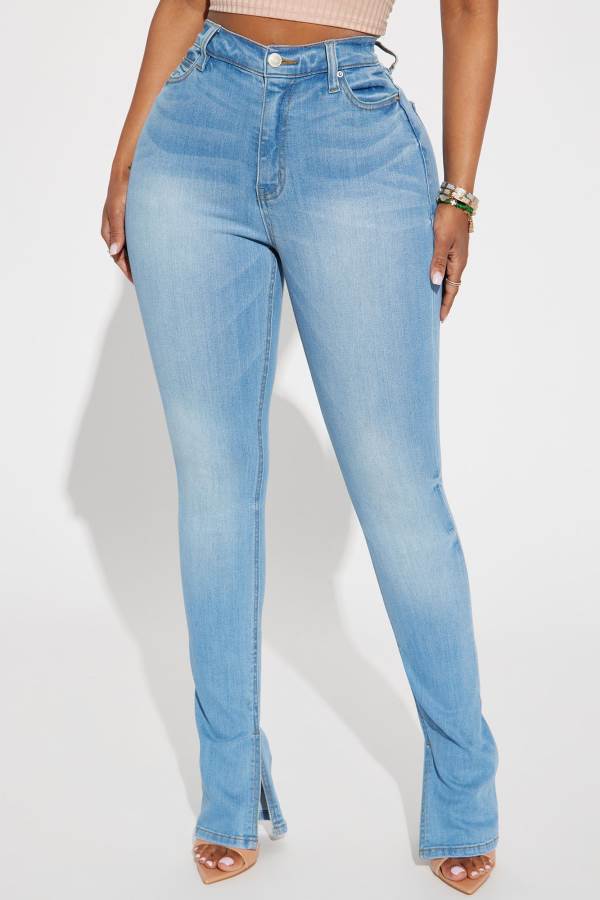 Light Blue Wash Fashion Nova Get My Good Side Slit Premium Stretch Skinny Women Jeans USA | 052613BZK