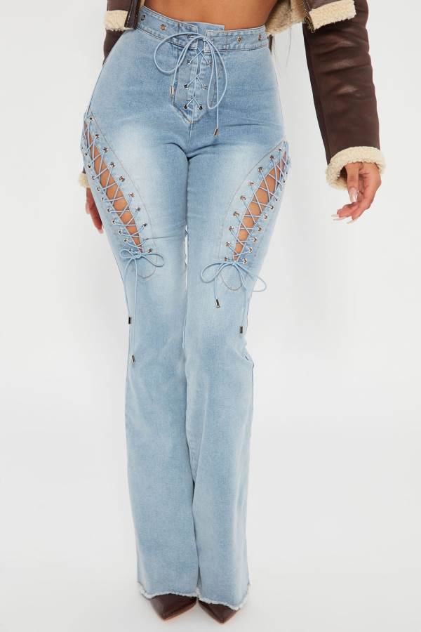 Light Blue Wash Fashion Nova La Brea Laced Up Flare Women Jeans USA | 438975TGR