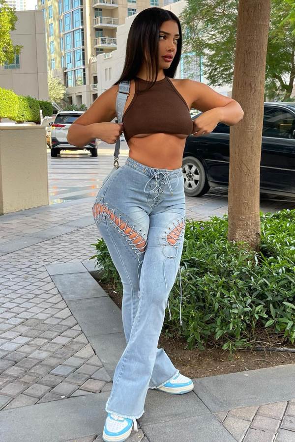 Light Blue Wash Fashion Nova La Brea Laced Up Flare Women Jeans USA | 438975TGR