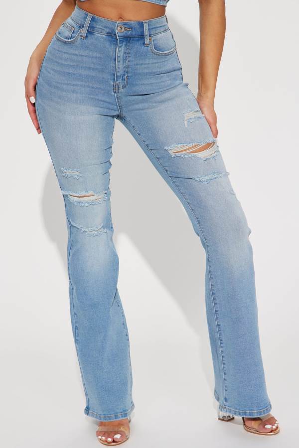 Light Blue Wash Fashion Nova Not My Fault Ripped Flare Women Jeans USA | 365810VJR