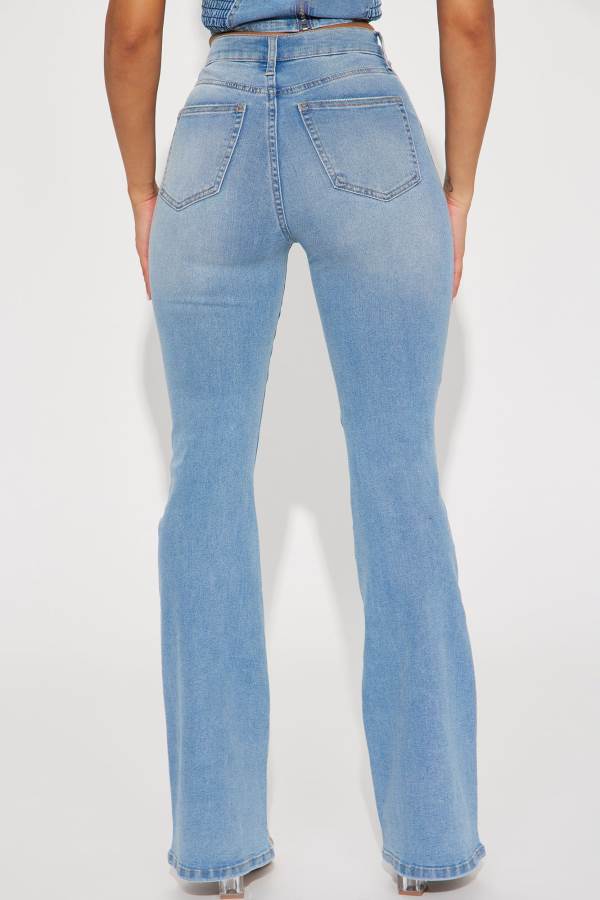 Light Blue Wash Fashion Nova Not My Fault Ripped Flare Women Jeans USA | 365810VJR