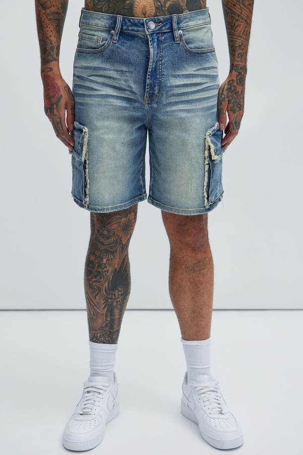 Light Blue Wash Fashion Nova Rush Home Denim Cargo Men Shorts USA | 270486MTL