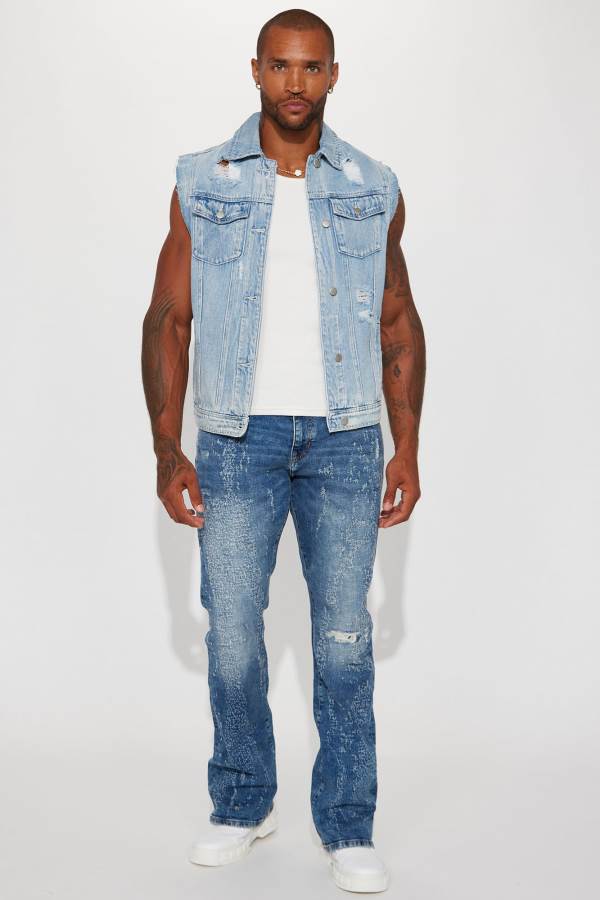 Light Blue Wash Fashion Nova Switch Up The Flow Stacked Slim Flare Men Jeans USA | 643197ZLI