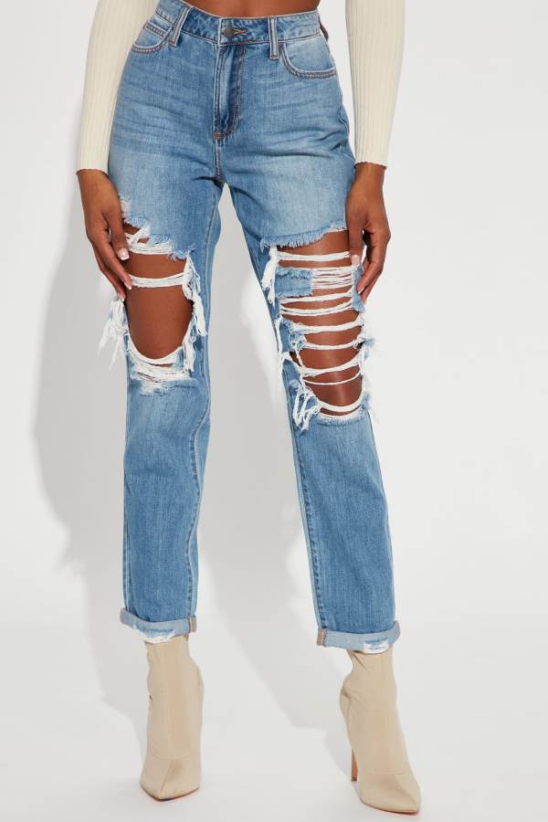 Light Blue Wash Fashion Nova Tall Jax Distressed High Rise Boyfriend Women Jeans USA | 489752PSI