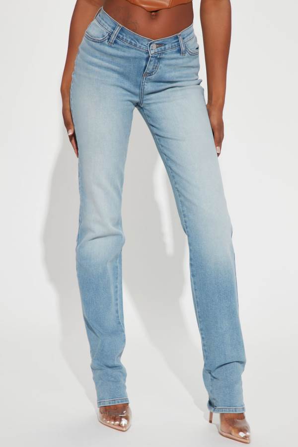 Light Blue Wash Fashion Nova Tall V Nice To Meet You Straight Leg Women Jeans USA | 548193BYQ