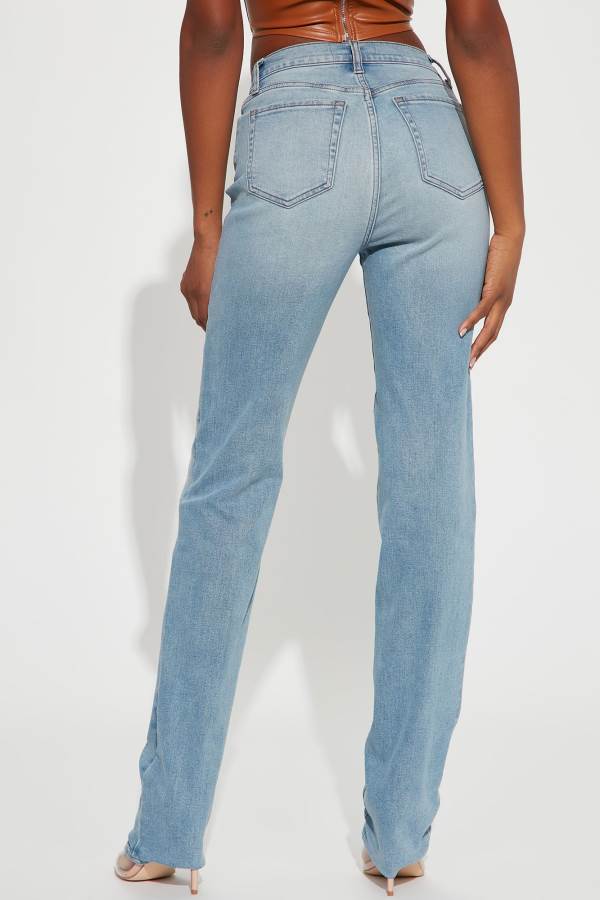 Light Blue Wash Fashion Nova Tall V Nice To Meet You Straight Leg Women Jeans USA | 548193BYQ