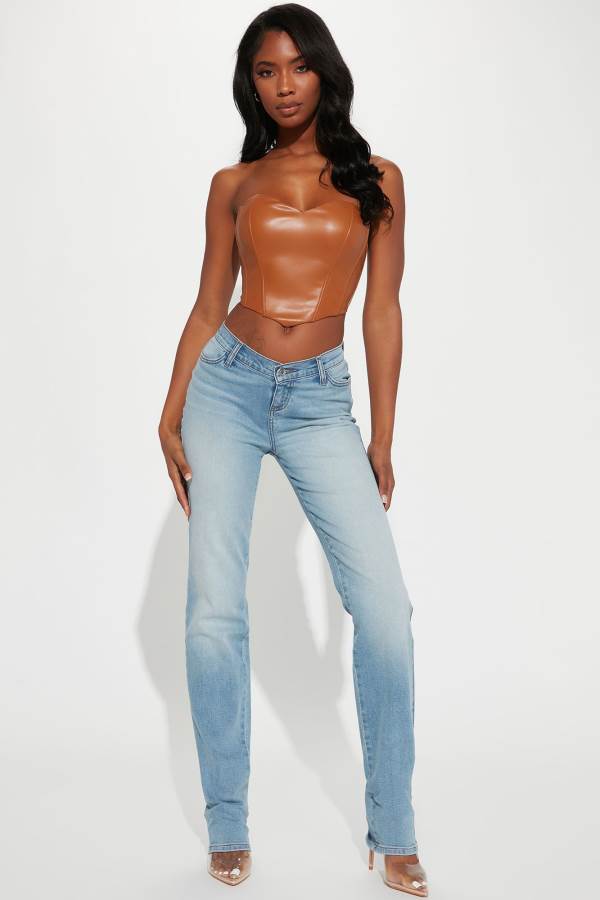 Light Blue Wash Fashion Nova Tall V Nice To Meet You Straight Leg Women Jeans USA | 548193BYQ