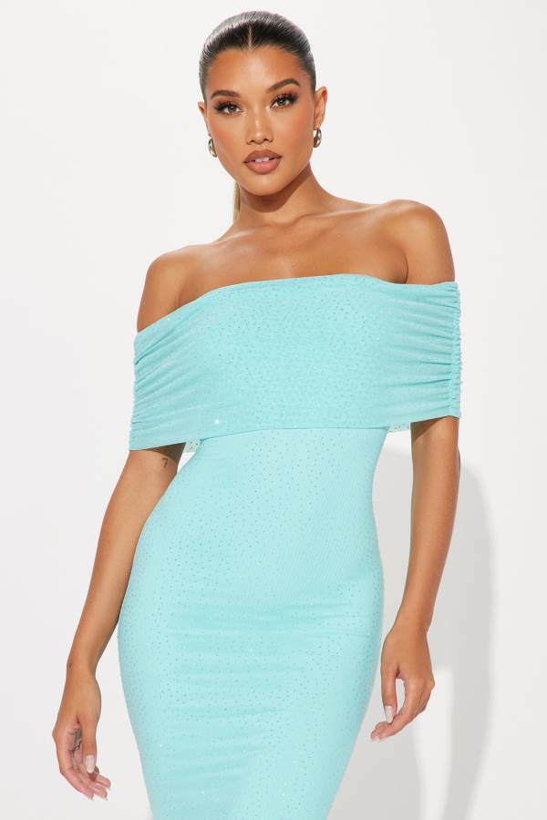 Light Turquoise Fashion Nova Bling Fling Rhinestone Mesh Midi Women Dress USA | 974283MRP