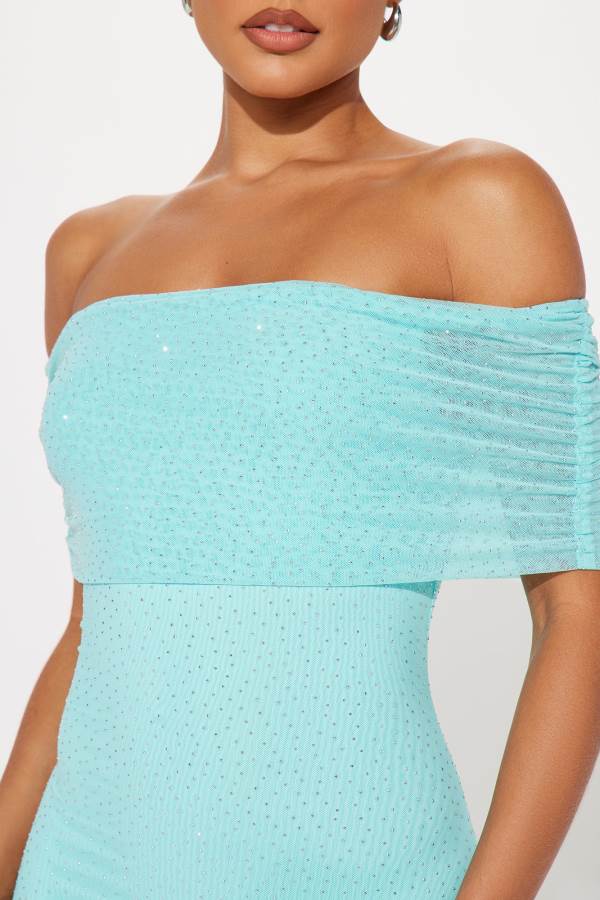 Light Turquoise Fashion Nova Bling Fling Rhinestone Mesh Midi Women Dress USA | 974283MRP