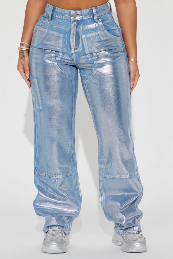 Light Wash Fashion Nova Big Time Magic Metallic Coated Straight Leg Women Jeans USA | 589473MNB