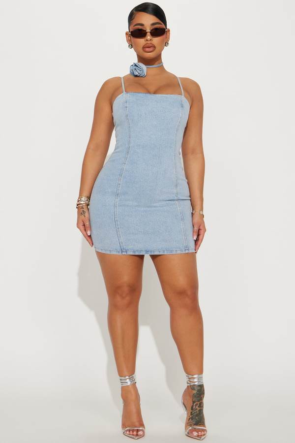 Light Wash Fashion Nova Camille Denim Mini Women Dress USA | 407358UOM